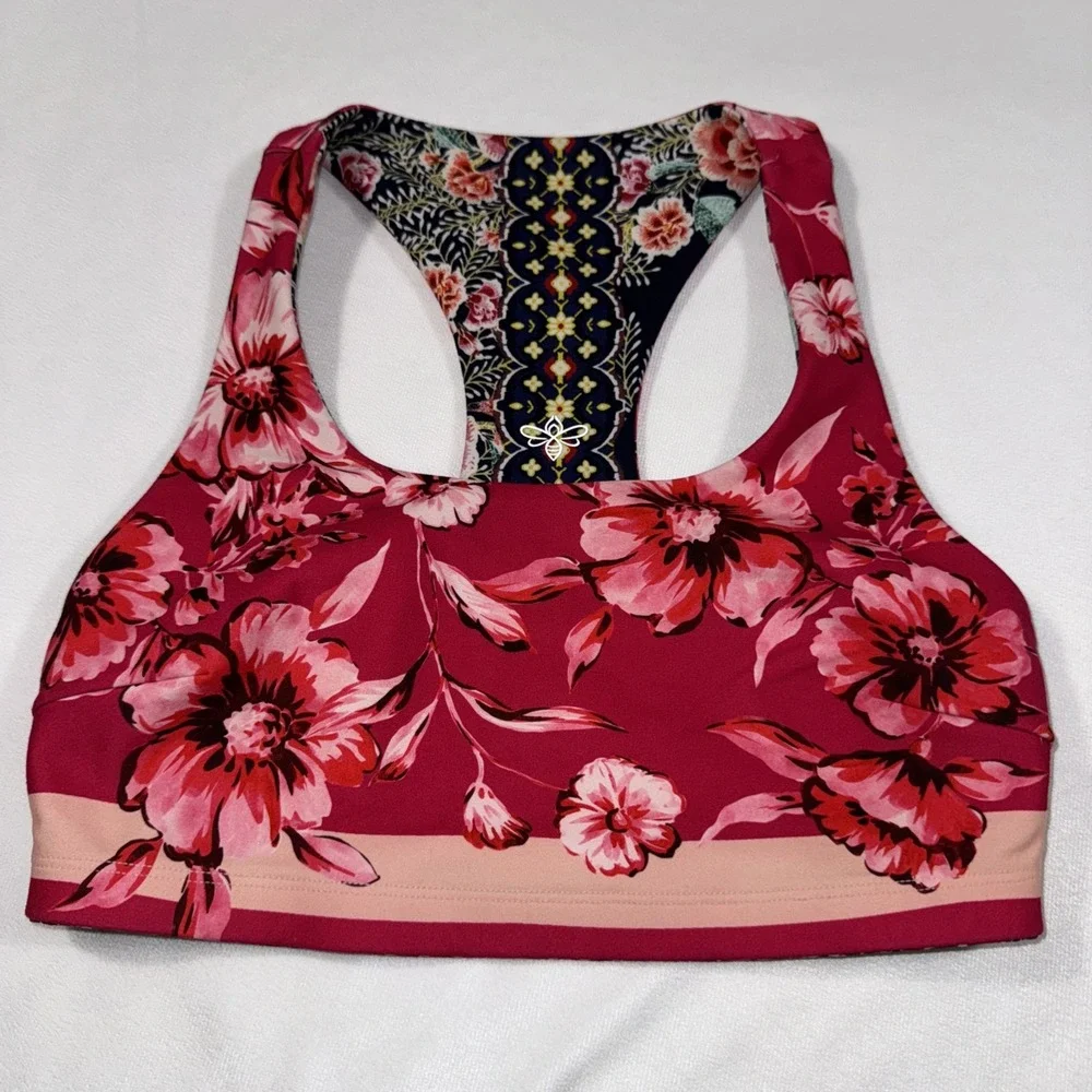 JOHNNY WAS Bee Active Reversible Sports Bra Womens Size XS Pink Floral Colorful